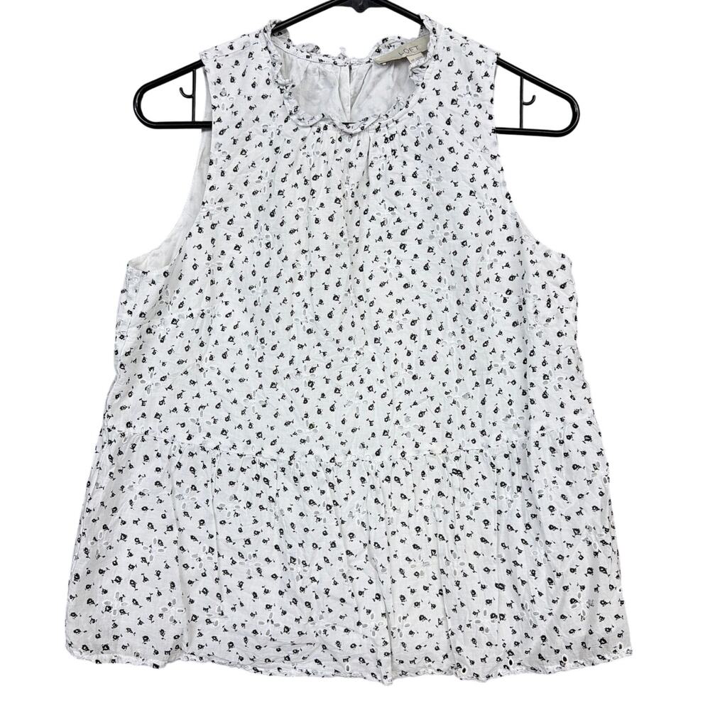 Ann Taylor LOFT Womens Blouse White Black Floral Petite Sleeveless Lined MP